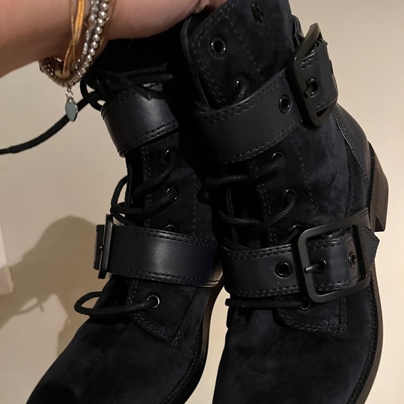 Armani Black Leather Moto Combat Boot Blue Ankle AX Oversized Buckle Zipper 7 38 - Picture 5 of 16